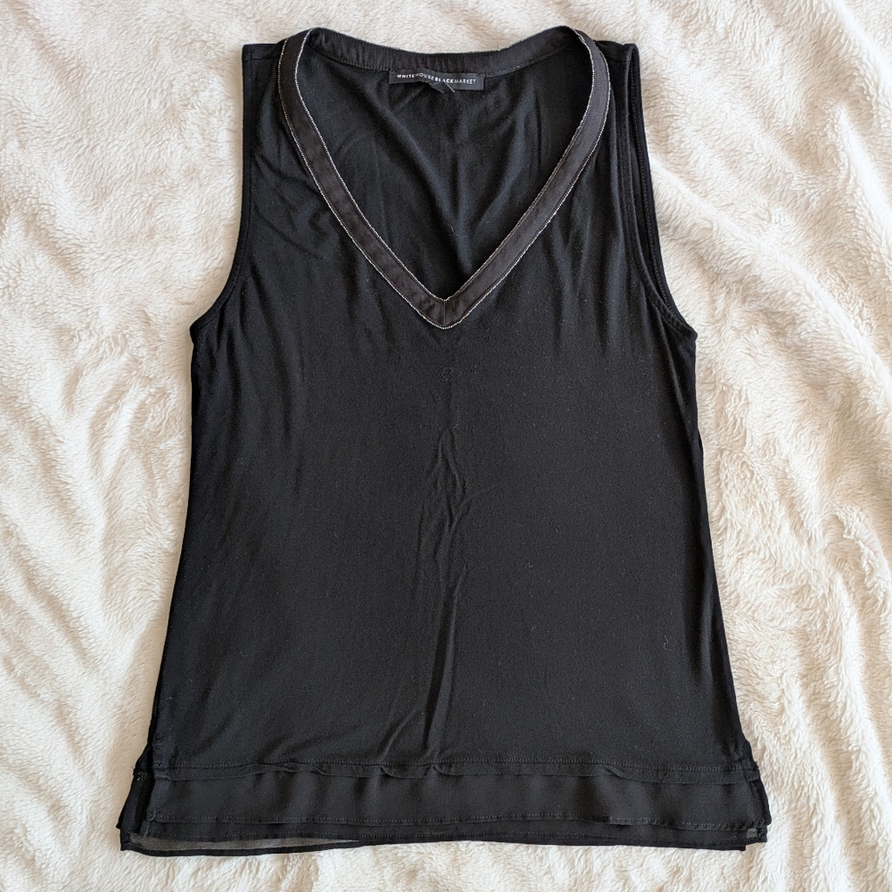 White House Black Market Black Knit & Woven V-Neck Sleeveless Tunic Top Size XS